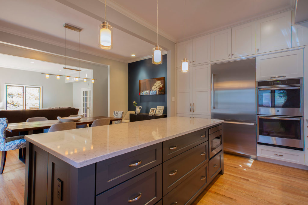 A clean island countertop in a kitchen